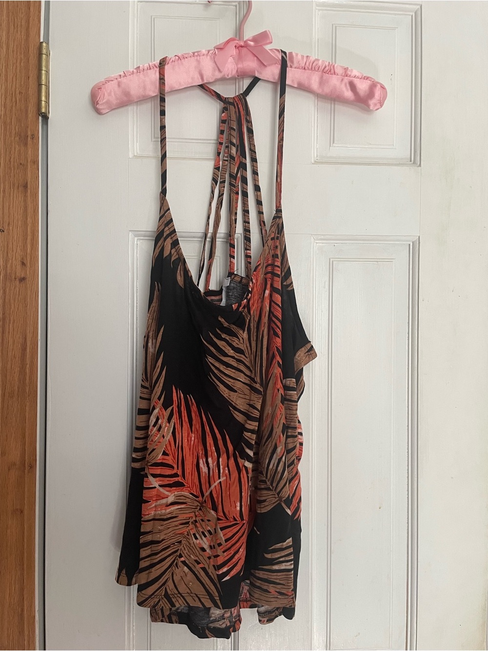 VENUS Black Tank Top with Soft Tropical Orange and Tan Leaf Print - L